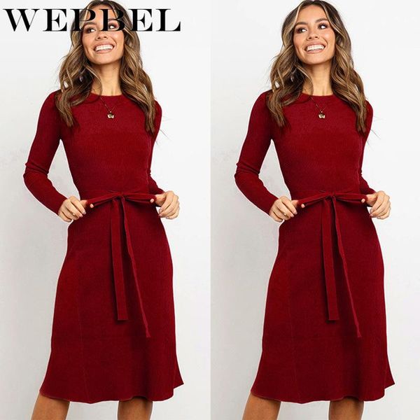 

casual dresses wepbel women autumn spring long sleeve midi dress ladies elegant solid color o neck lace up slim, Black;gray