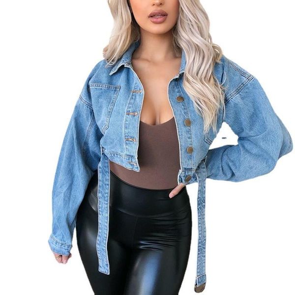 

women's jackets spring women loose denim with belt vintage casual jean jacket long sleeve autumn female coat streetwear plus size, Black;brown