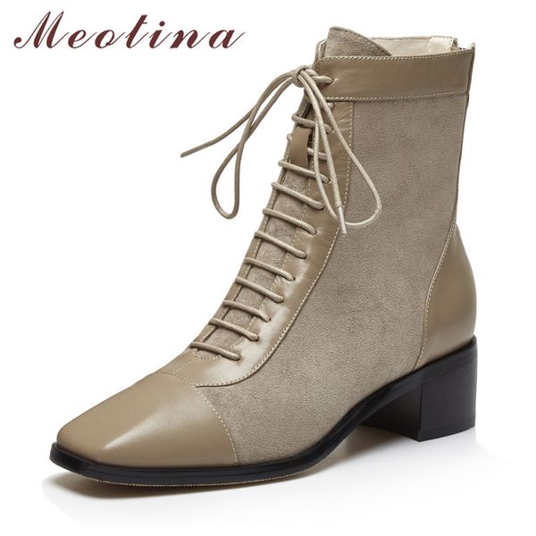 

winter ankle boots women natural genuine leather zip thick heels short lace up square toe shoes ladies fall 34-39 210517, Black