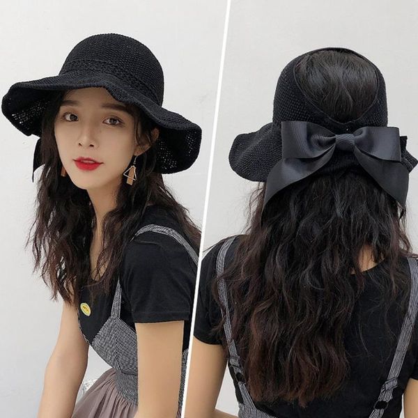 

women summer visors hat foldable sun wide large brim beach hats straw chapeau femme uv protection cap outdoor, Black;white