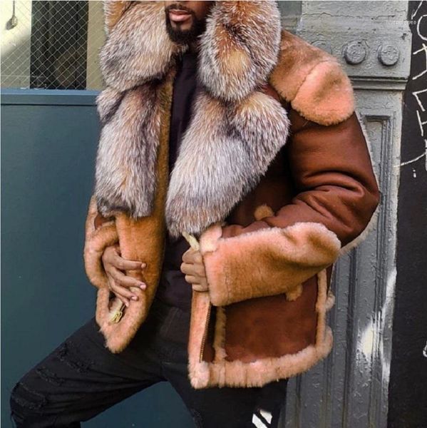

fashion street style coat big fur collar men pu leather lamb plus size men's motorcycle faux jacket1, Black