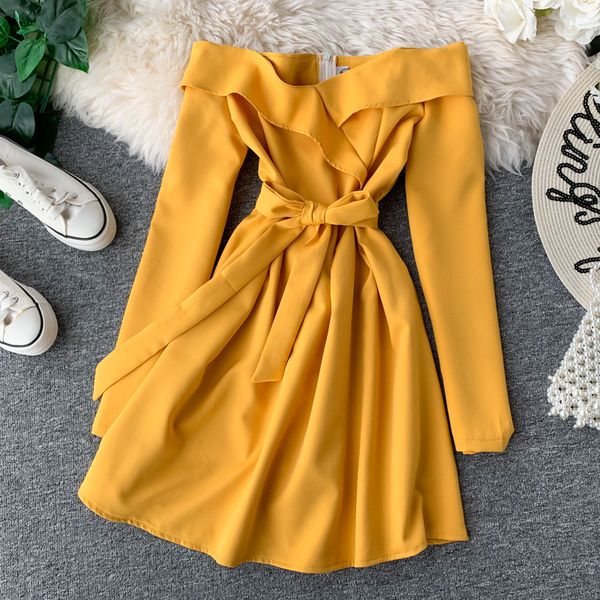 

women's solid bandge fashion spring summer long sleeve high waist slash neck ladies mini temperament dress 210520, Black;gray