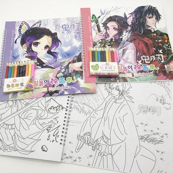 

notepads anime demon slayer kimetsu no yaiba for children relieve stress graffiti notebook with 10pcs pencils, Purple;pink