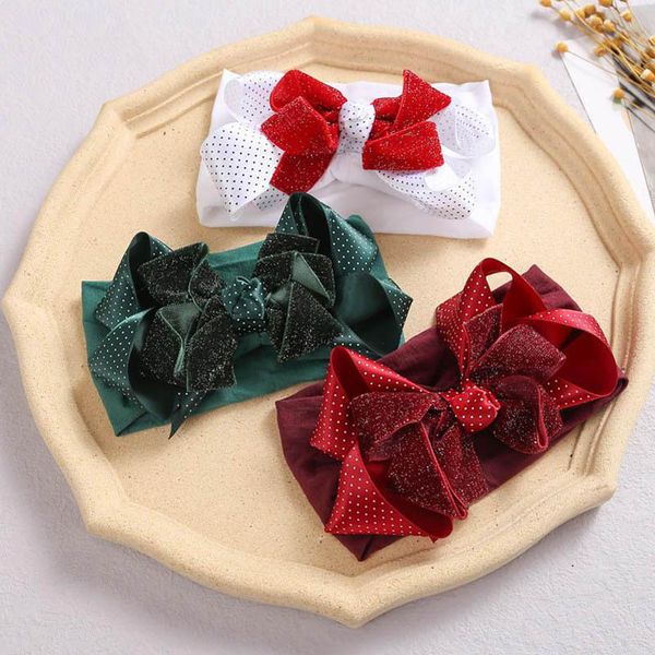 

girls hair accessories bows baby headbands nylon childrens head bands velvet double-deck dot bow, Slivery;white