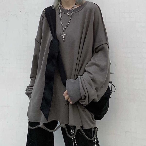 

autumn korea harajuku street hip hop hole long sleeve sweatshirt women ins fashion turtleneck o-lead casual 210608, Black
