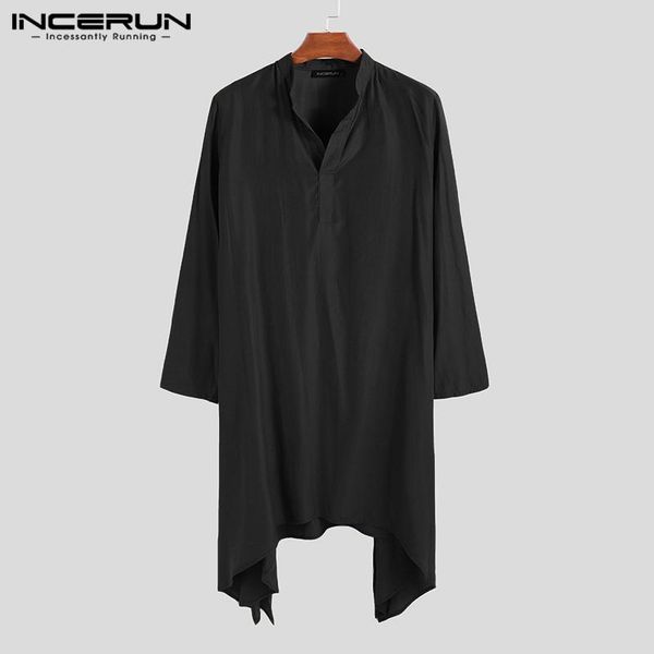 

men vintage shirts long sleeve stand collar blouse incerun casual button style clothing irregular muslim islamic 5xl men's, White;black
