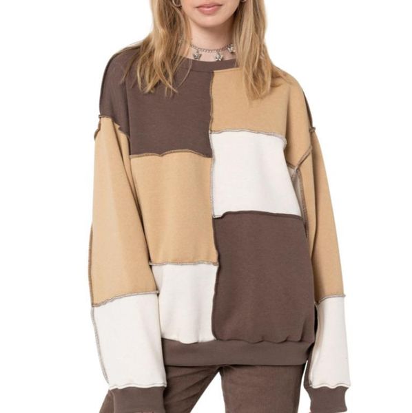 

women's t-shirt women color block sweater, adults casual long sleeve round neck patchwork pullover, White