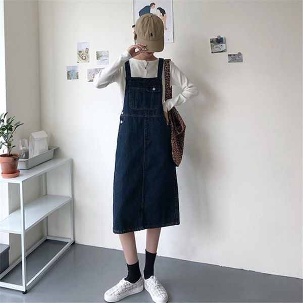 

casual dresses korean fashion denim sundress preppy style vintage midi jeans dress women suspenders female overalls, Black;gray