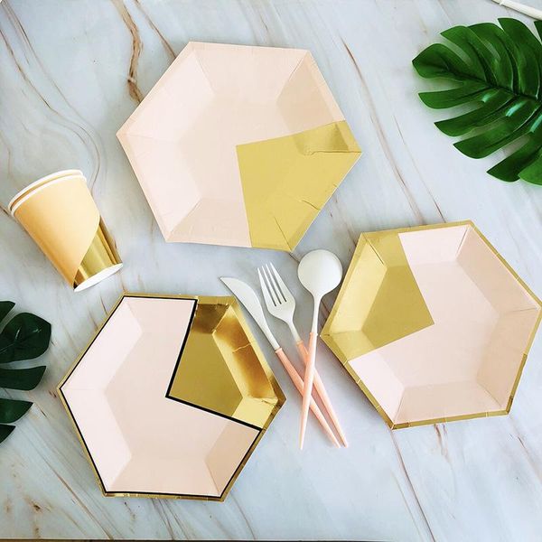 

disposable dinnerware party picnic cutlery set paper cup towel pink hexagon plate cake tableware sets