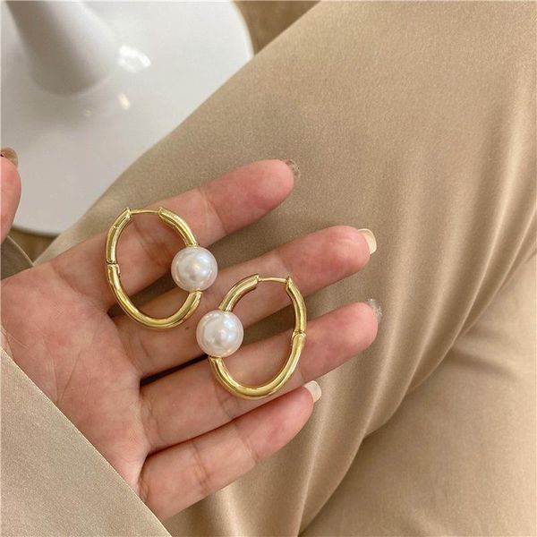 

hoop & huggie lovoacc minimalist irregular geometric earrings for women elegant simulated pearl hollow circle earring wedding jewelry, Golden;silver