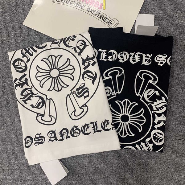 

and 21ss summer men's new ch crosin cotton women's big horseshoe print short sleeve crew neck couple t-shirt, White;black