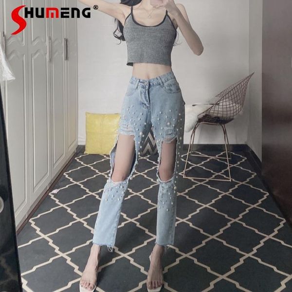 

fashion beaded ripped baggy denim jeans women 2021 summer temperament plus size knee-exposed wide leg cropped pants women's, Blue