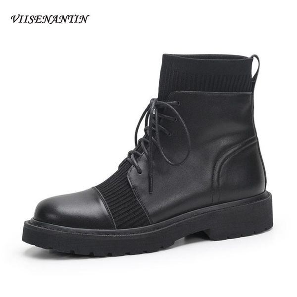 

boots elastic women's autumn winter british style lace-up ankle handsome thick-soled all-match leather trendy short, Black