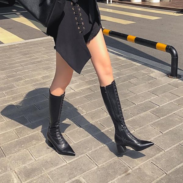 

dress shoes 2021 spring and autumn high boots women's thick heel pointed toe long knight wild stovepipe zipper but knee x358, Black