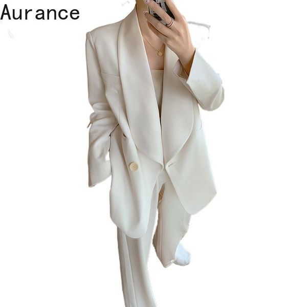 

women's two piece pants [aurance] women fashion korean wide leg big size suit lapel long sleeve loose fit tide spring autumn 2021, White