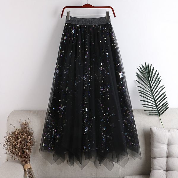

skirts layered tulle embroidered sequins a-line maxi long gray sj33, Black