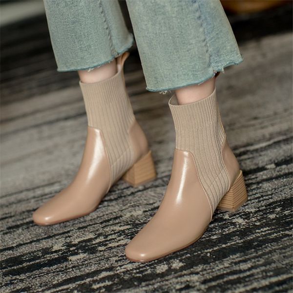 

winter women boots ankle boots cow leather stitching knitted wool stretch boots fashionable and versatile travel essentials 210507, Black