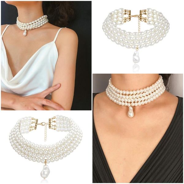 

chokers vintage trendy multilayered imitation pearl necklace for women fashion irregular charm choker necklaces 2021 jewelry gifts, Golden;silver