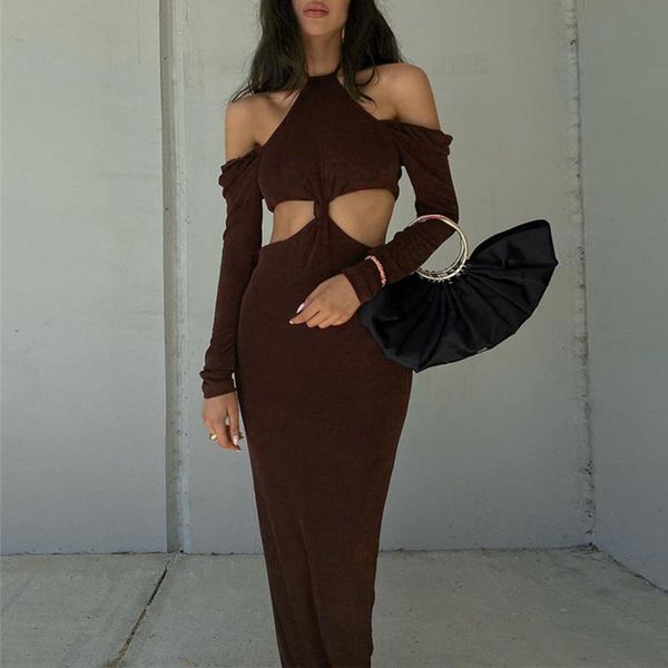 

casual dresses women long sleeve dress with hollow decoration, solid color simple style spring clothing, Black;gray