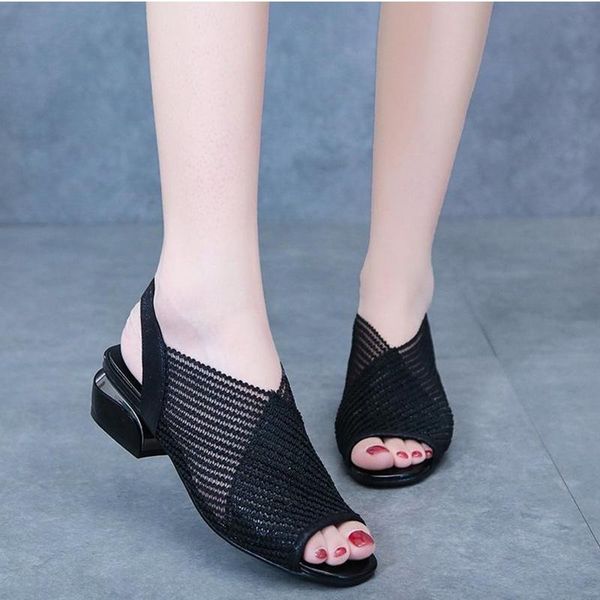 

women sandals fashion thick heel peep toe women's shoes mesh breathable ladies plus size girls summer sandal dress, Black