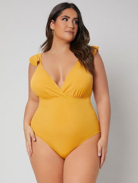 

plus ribbed ruffle trim one piece swimsuit g7f8#, Black