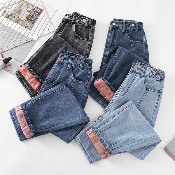 

women's jeans autumn winter large plush high waist 2021 harlan trousers loose, Blue