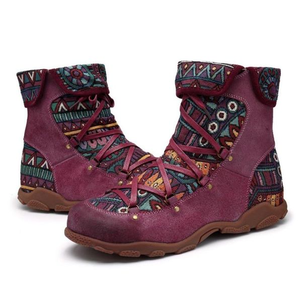 

boots winter women retro leisure embroidery stitching lace up ankle cross-tied comfortable shoes flat, Black