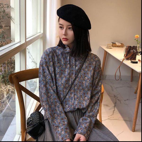 

women womens shirts chiffon shirt long sleeve casual loose blouse spring summer fashion female vintage printed floral, White
