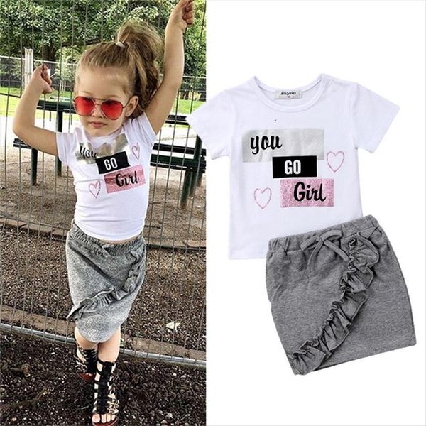 

newborn kids baby girls clothes short sleeve round neck pullover letter print denim solid ruffle skirts 2pc cotton outfits, White
