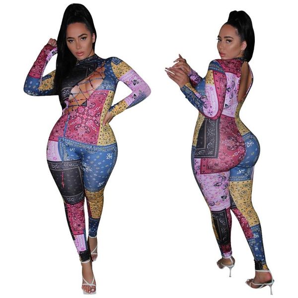

women's jumpsuits & rompers cut out bandage jumpsuit women bandana outfit long sleeve backless onesie turtleneck overalls clubwear spri, Black;white