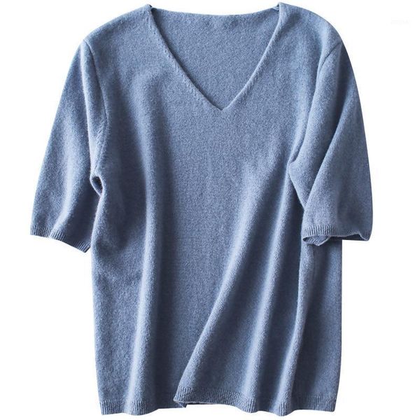 

spring and summer thin v-neck sweaters women loose knitted cotton short sleeve solid color casual large size pullovers women's, White;black
