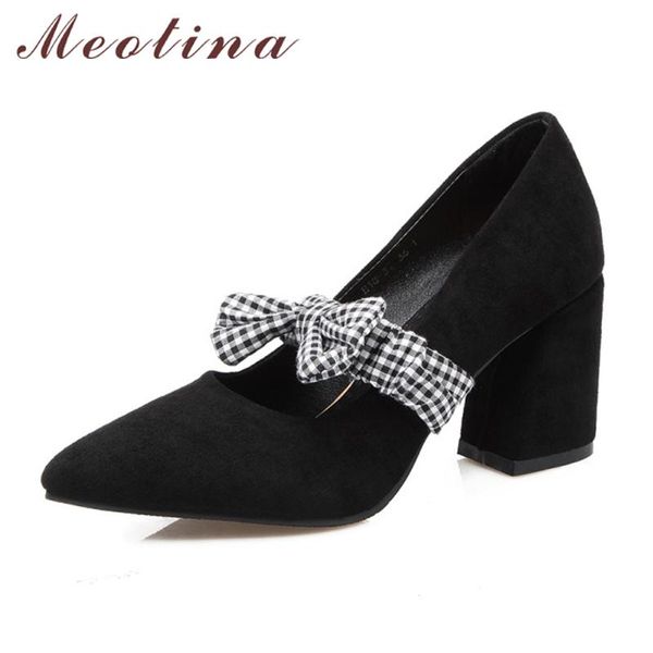 

meotina shoes women plaid bow mary jane high heels causal pumps pointed toe thick red pink size 33-46 ladies footwear dress, Black