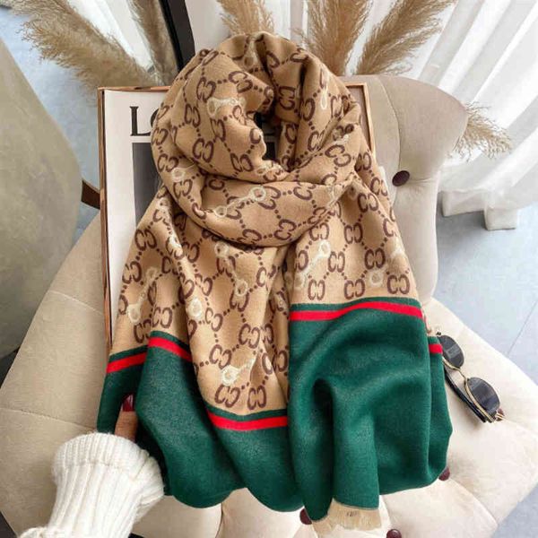 

design autumn and winter new imitation cashmere scarf women's letter tassel fashion versatile air conditioning shawl decoration live br, Blue;gray