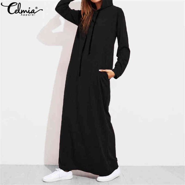 

celmia 2021 autumn winter women maxi dress vintage hoodies casual solid long sleeve pockets hooded party dress long vestido robe g1223, Black;gray