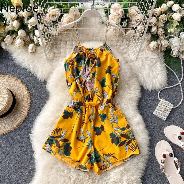 

women's jumpsuits & rompers neploe bohemian women halter playsuits 2021 summer floral printed bodysuits slim waist pockets seaside holi, Black;white