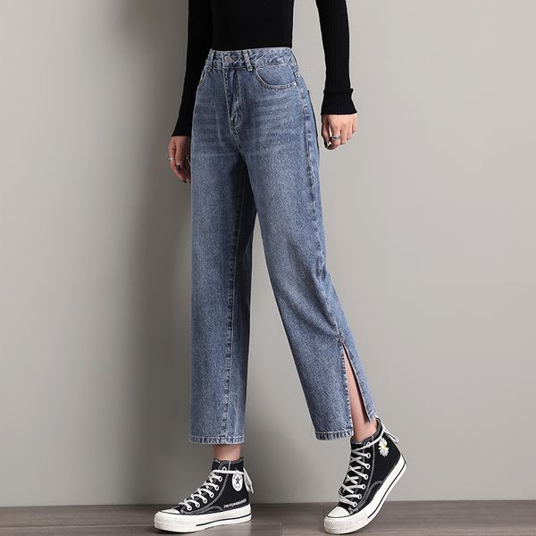 

jean women's denim korea side split cotton jeans straight pants size 26~32, Blue