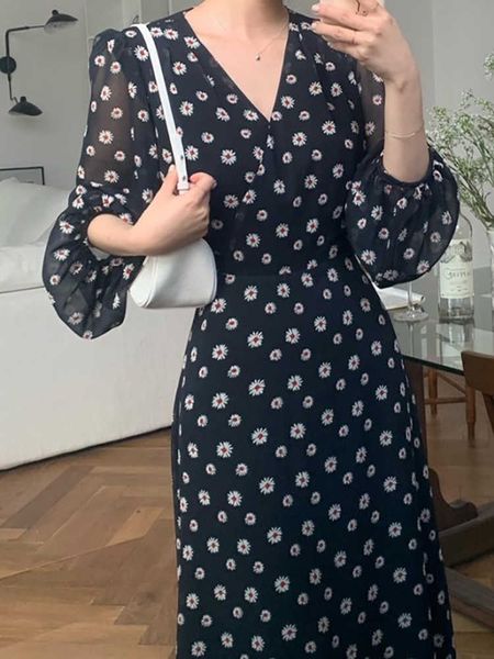 

yitimuceng floral print long dresses for women korean fashion bandage vintage chiffon midi dress long sleeve spring summer 210601, Black;gray