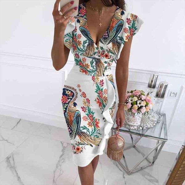 

vintage printed fashion women dress summer v-neck short sleeve slim ruffle dress female elegant casual party, Black;gray