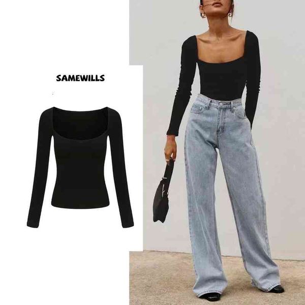 

women's t-shirt kendou same style square neck solid color long sleeve trim height elastic cotton waist street trendsetter t-shirt autum, White