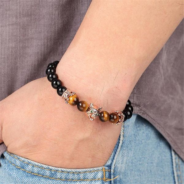 

beaded, strands 8mm black onyx wolf head zircon men's bracelet glossy stone tiger eye beaded jewelry