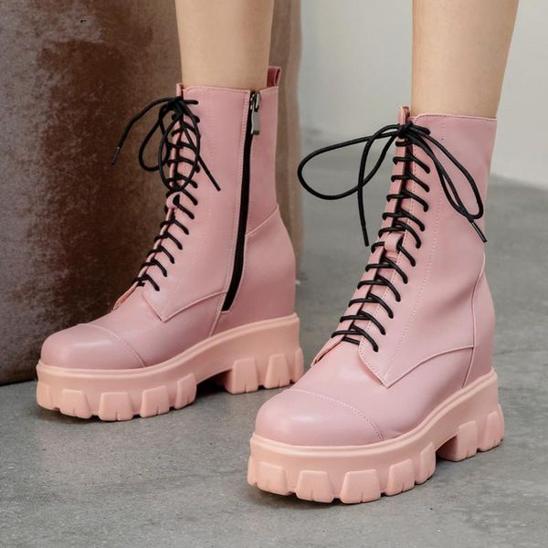

boots arrival woman autumn chunky platform black pink white leather lace-up thick heel ankle breathable punk goth