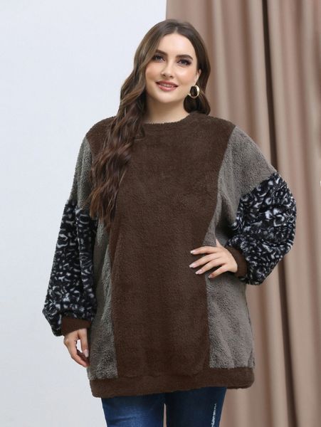 

plus contrast panel teddy longline sweatshirt f8la#, Black