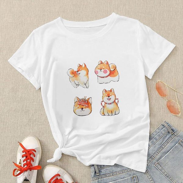 

summer kawaii shiba inu womens t shirts printed clothing elegant vogue modern harajuku aesthetic cute dog lady, White