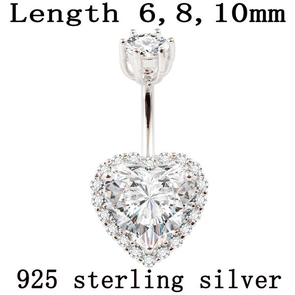 Vero anello per ombelico in argento sterling 925 da donna gioielli penetranti per il corpo a forma di cuore S925 6 8 10 mm barra per ombelico pietre zircone