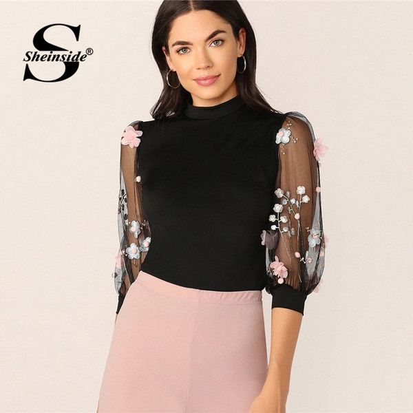 

sheinside black stand collar applique detail blouse women 2019 summer puff sleeve blouses ladies elegant 3/4 mesh sleeve 70pu#, White