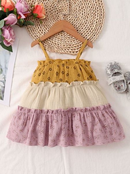 

baby ditsy floral color block layered hem cami dress she, Red;yellow
