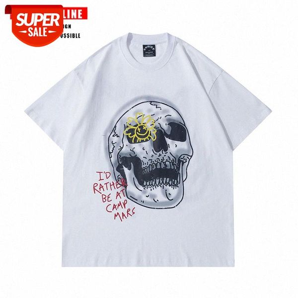

streetwear men high street punk funeral skull graffiti personality short-sleeved t-shirt and women hip-hop loose half-sleeved bottomin #qw5s, White;black