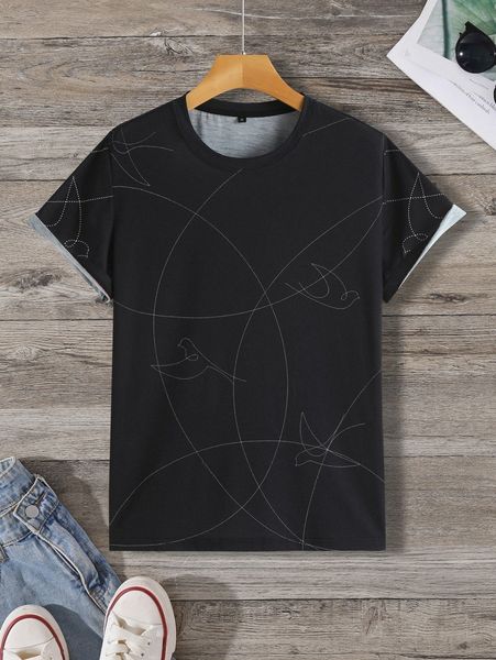 

men geo & bird print tee e9vt#, White;black