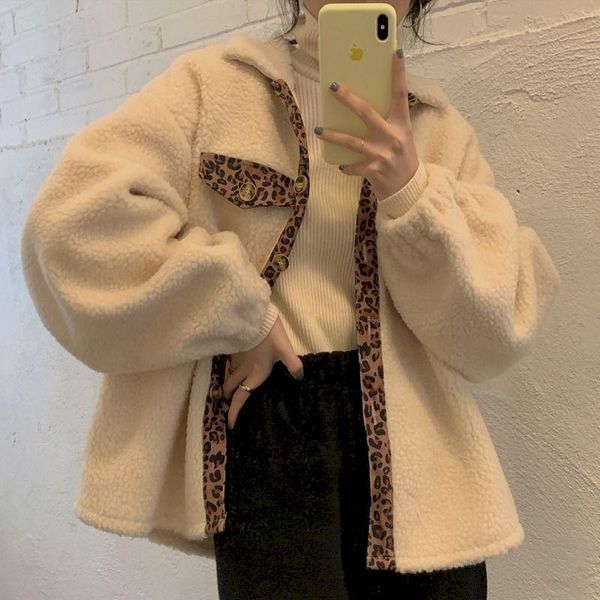 

spring autumn lamb wool coat long sleeve leopard print harajuku plus size fashion oversize clothes colorblock goth women's jackets, Black;brown