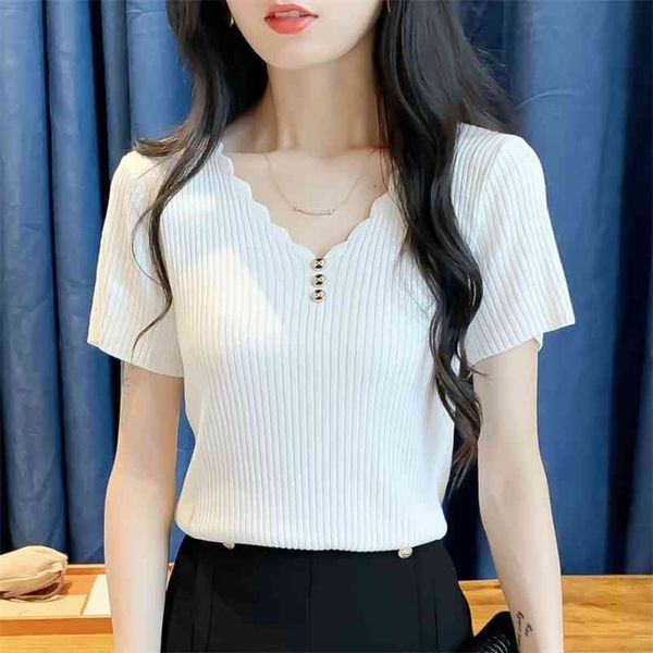 

casual v neck buttons t-shirt women summer solid color short sleeve rib knitted ladies bodycon pullover tee shirt plus size 210522, White